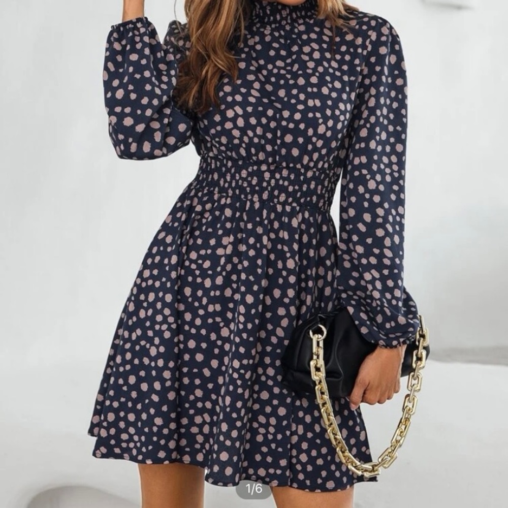 Navy dress with tan spots